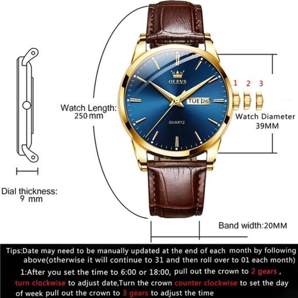 Watch Leather Men Day Date Watch Men's Luminous Watch, Dress Watch for Men - Picture 2 of 6